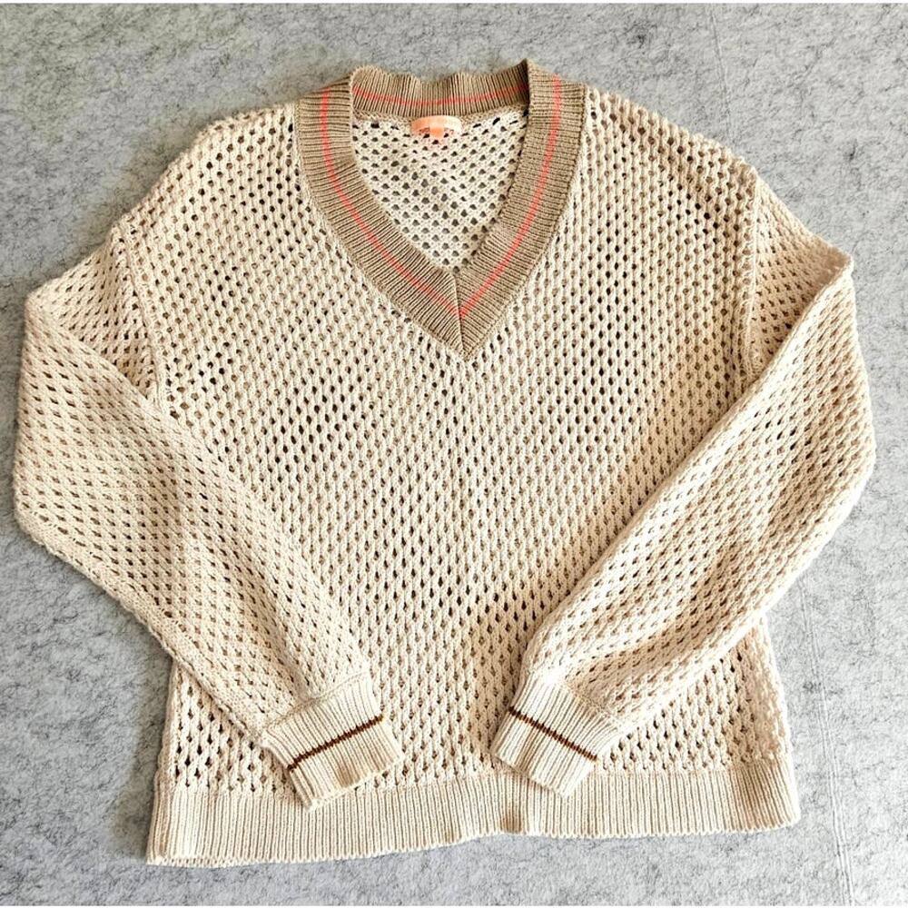 Lisa Todd Beach Bum Cotton V-Neck Open Knit Sweater Cream Cottagecore Sz S